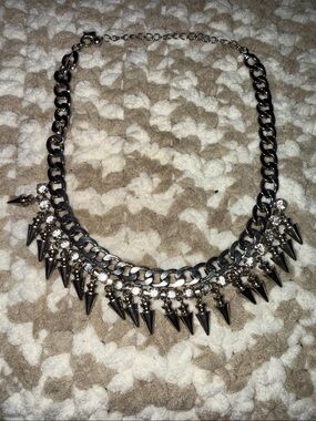 Silver Spike Statement Necklace with Crystal Accents